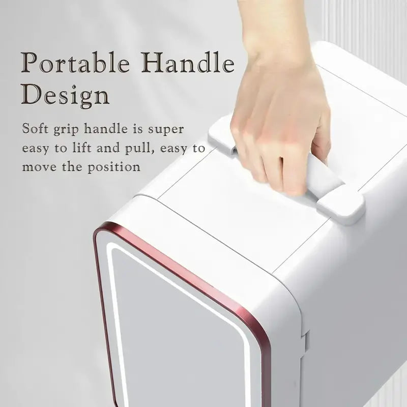 Skincare Mini Fridge – 6L Portable Beauty Cooler with Dimmable LED Mirror & 10-Can Capacity