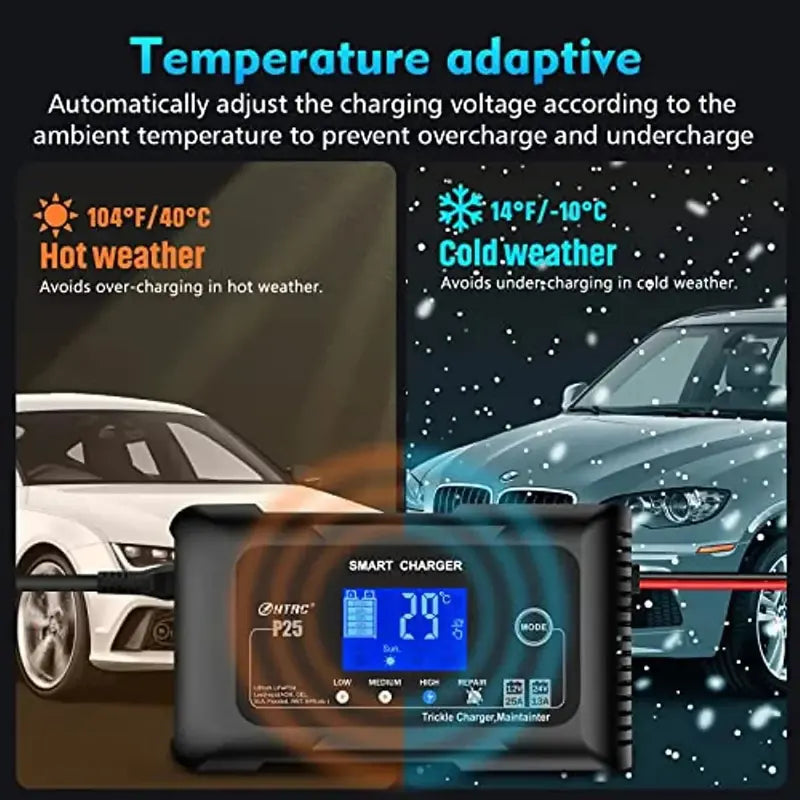 Smart 25A Dual-Voltage Battery Charger — Supports LiFePO4, Lithium, AGM, Gel, and SLA Batteries