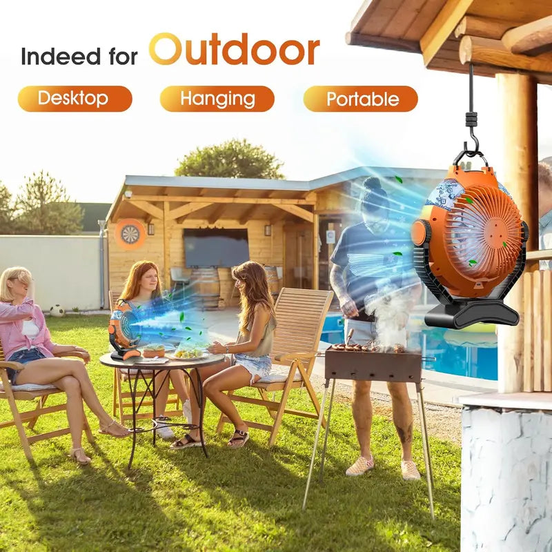 JYew Portable Misting Fan – Rechargeable 10,000mAh Battery-Powered Cooling Fan with Hook Mount & USB Charging for Outdoor Use