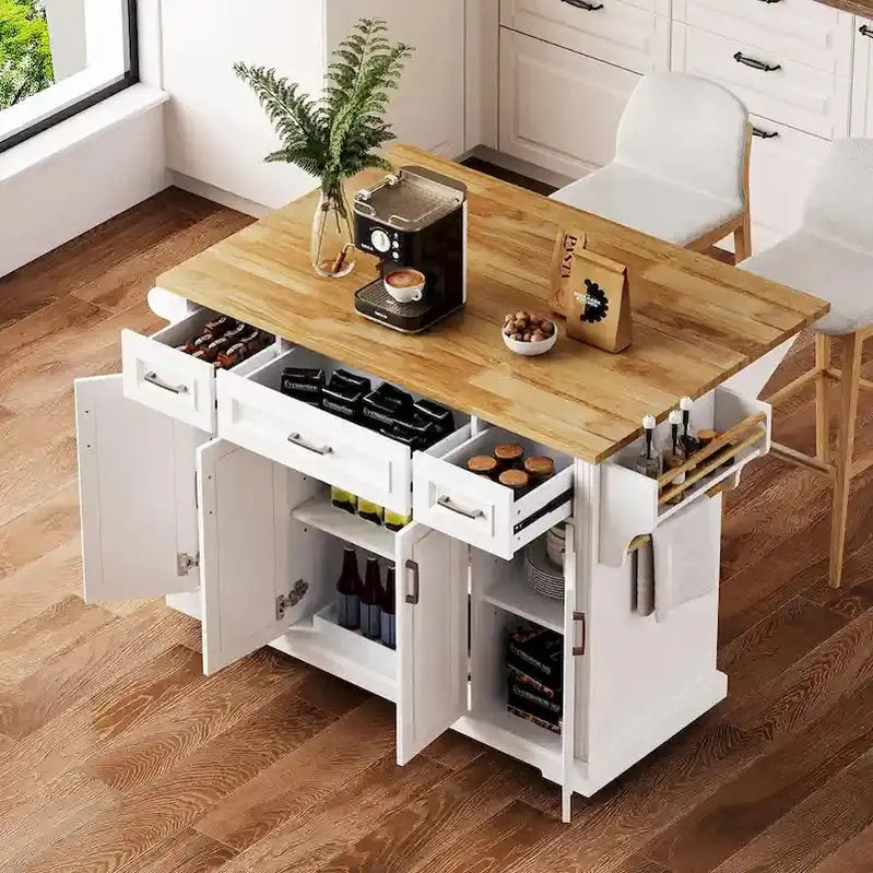 Rolling Kitchen Island Cart with Drop-Leaf Tabletop, Embossed Finish, Cabinet Doors, and Drawer Storage – White