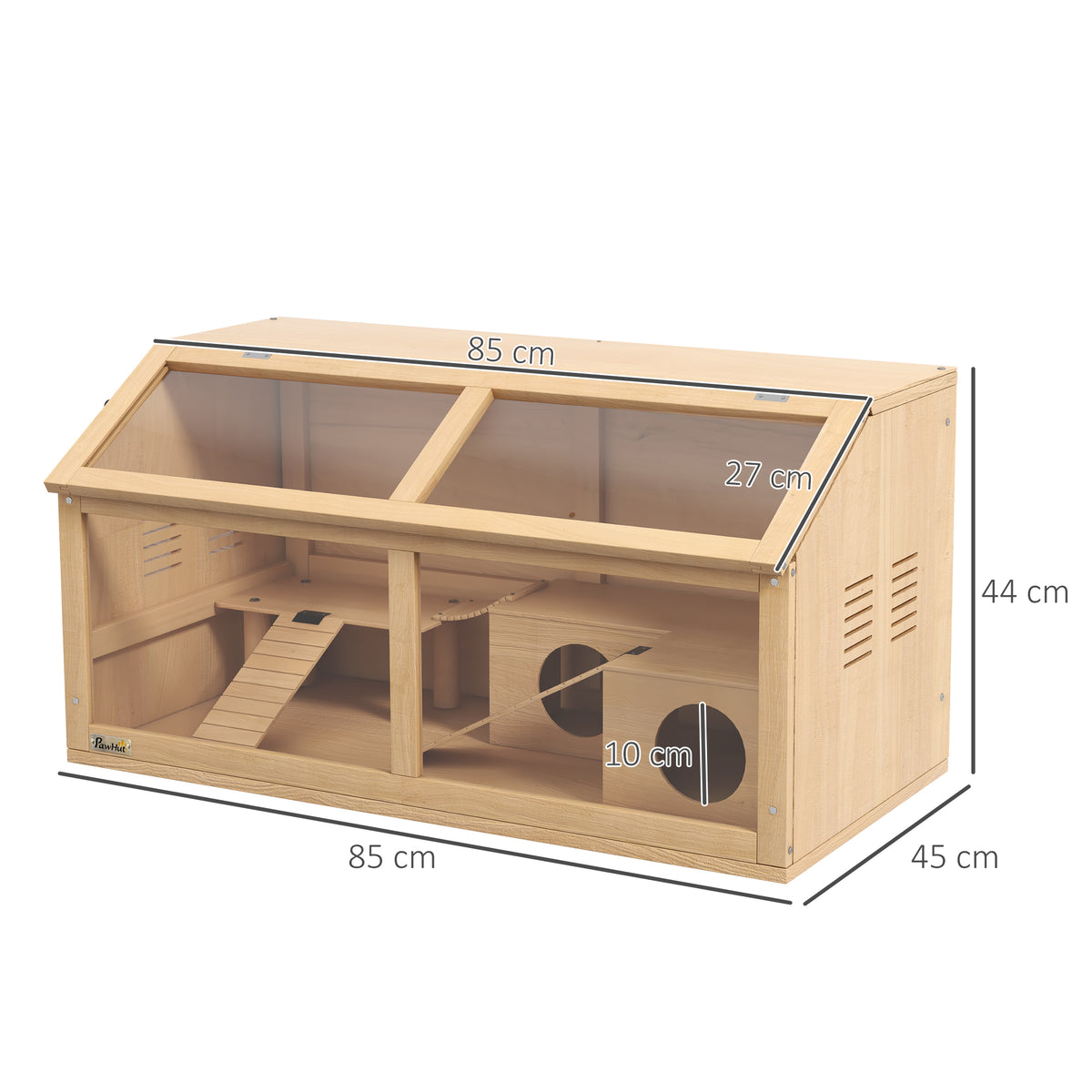 PawHut Hamsterkäfig für syrische Hamster und Zwerghamster, mit Plattform, Hängebrücke, Hütte, 85x45x44 cm