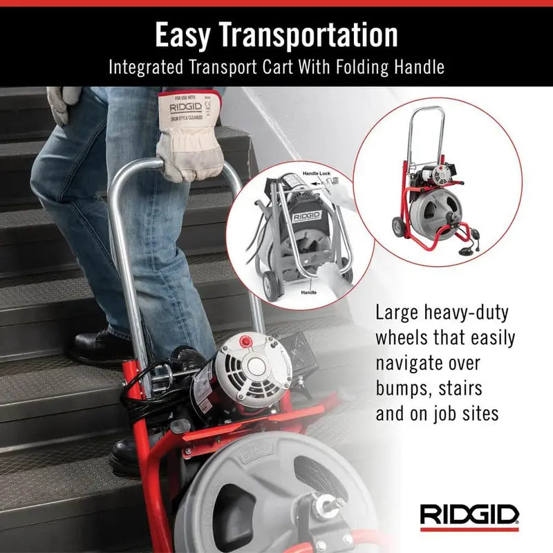 RIDGID K-400 Drain Cleaning Snake Auger 120-Volt Drum Machine with C-32IW 3/8 in. x 75 ft. Cable + 4-Piece Tool Set & Gloves 52363