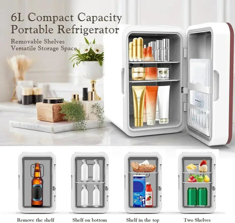 Skincare Mini Fridge – 6L Portable Beauty Cooler with Dimmable LED Mirror & 10-Can Capacity