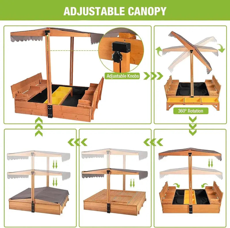 Wooden Outdoor Sandbox with Canopy – 47″×47″ Sand Play Center Featuring Retractable Roof & Foldable Benches