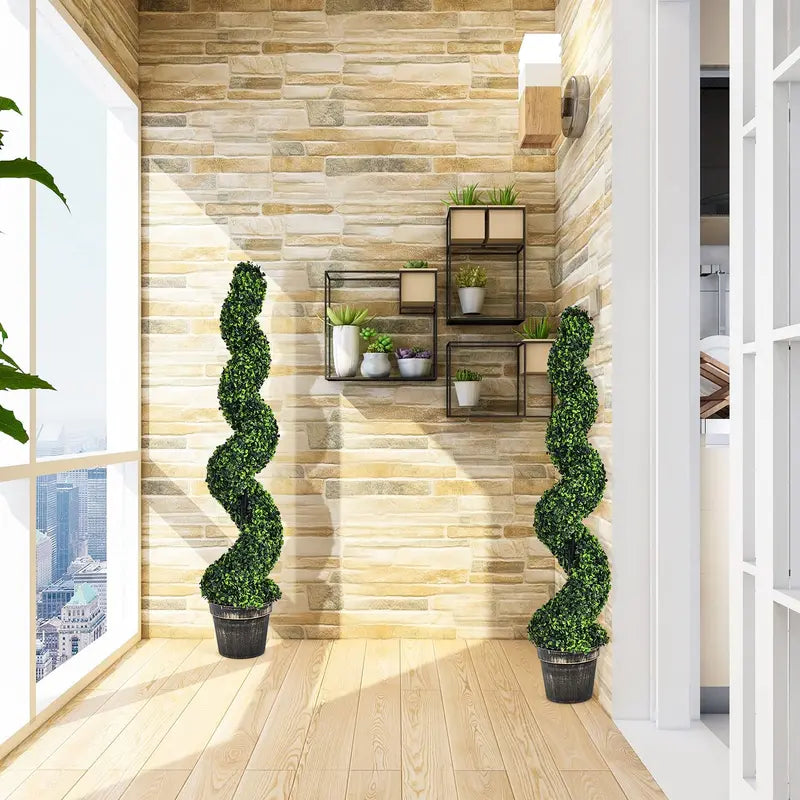 Pair of 4-Foot Spiral Boxwood Topiaries – Realistic Faux Trees in Weighted Plastic Pots