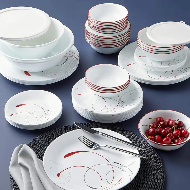 Vitrelle 78-Piece Chip-Resistant Triple Layer Glass Dinnerware Set for 12, Lightweight Round Plates & Bowls, Splendor