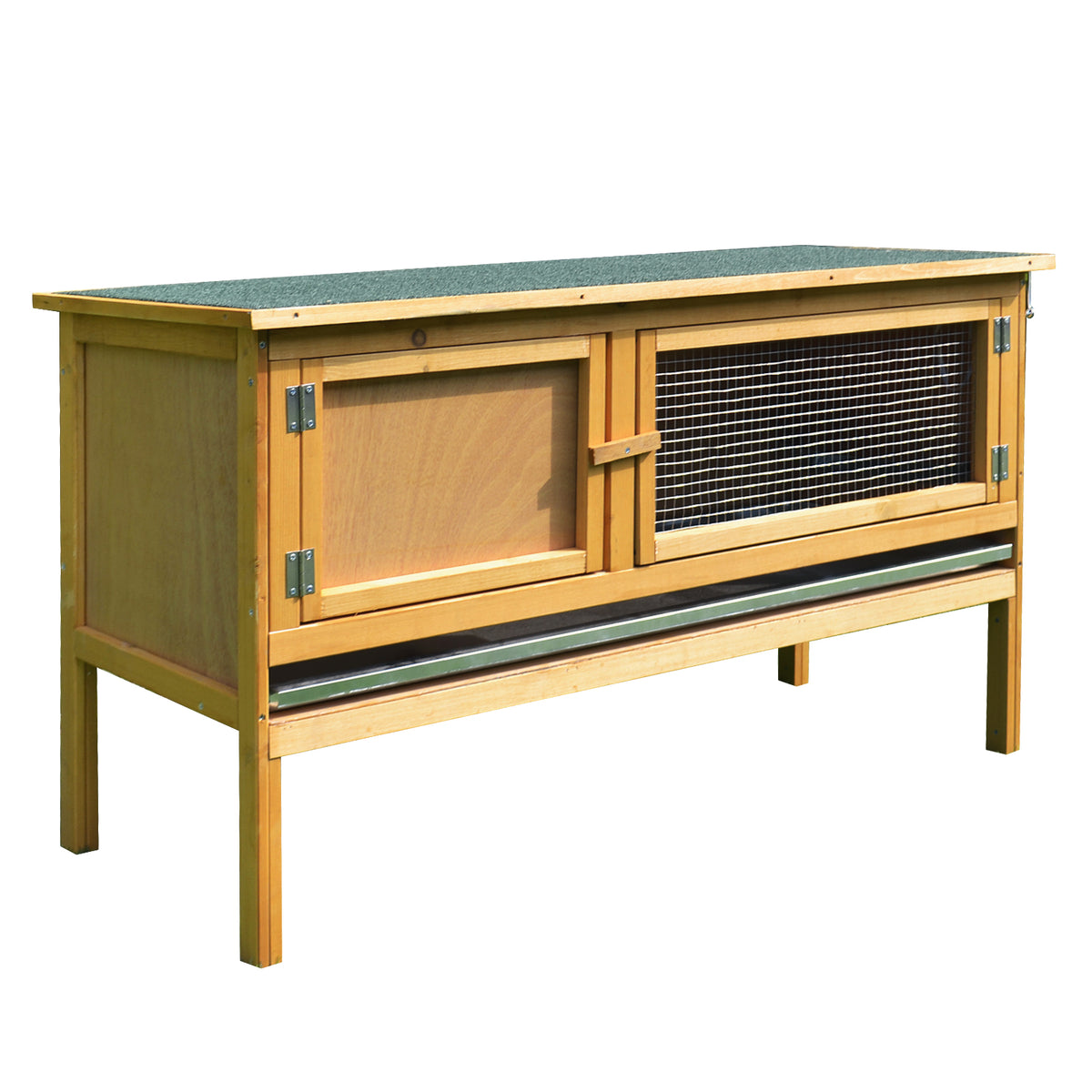 PawHut Kaninchenkäfig Kaninchenstall Außen 2 Türen herausnehmbare Schublade erhöhte Füße aus Massivholz 115 x 44,3 x 65 cm Hellgelb