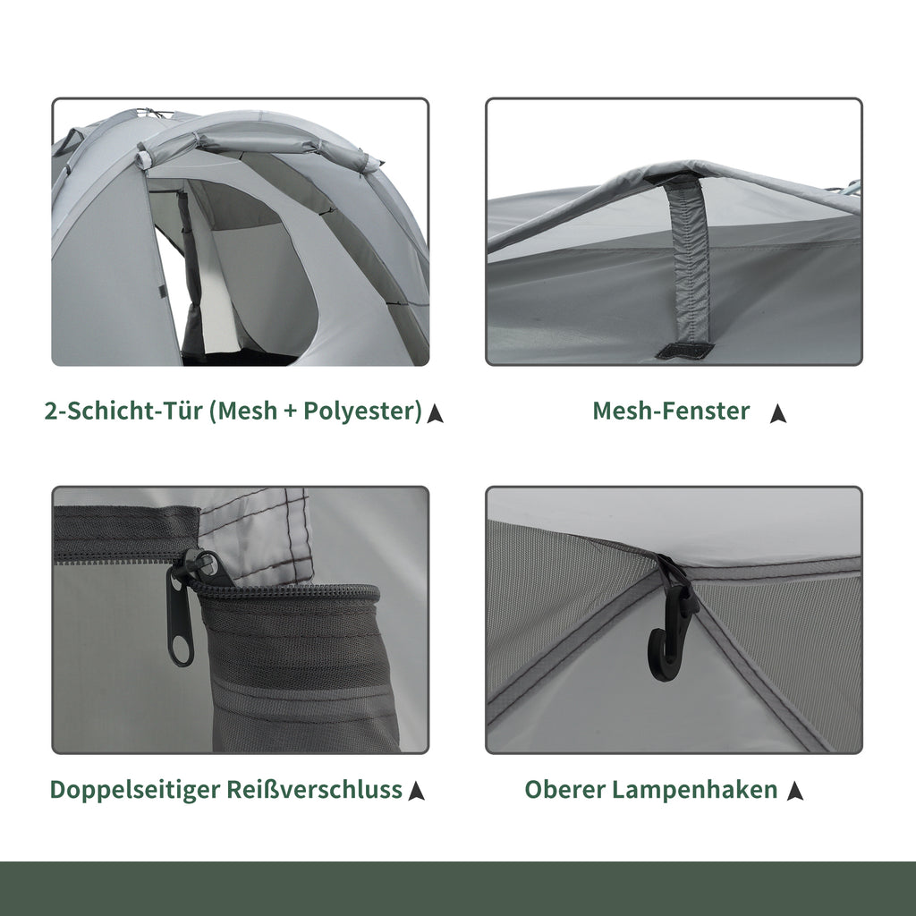 Outsunny Campingzelt für 2-3 Personen Glasfaser Tür mit Reißverschluss Meshfenster inkl. Transporttasche Kuppelzelt 190T Kunstleder2000mm Glasfaser Grau