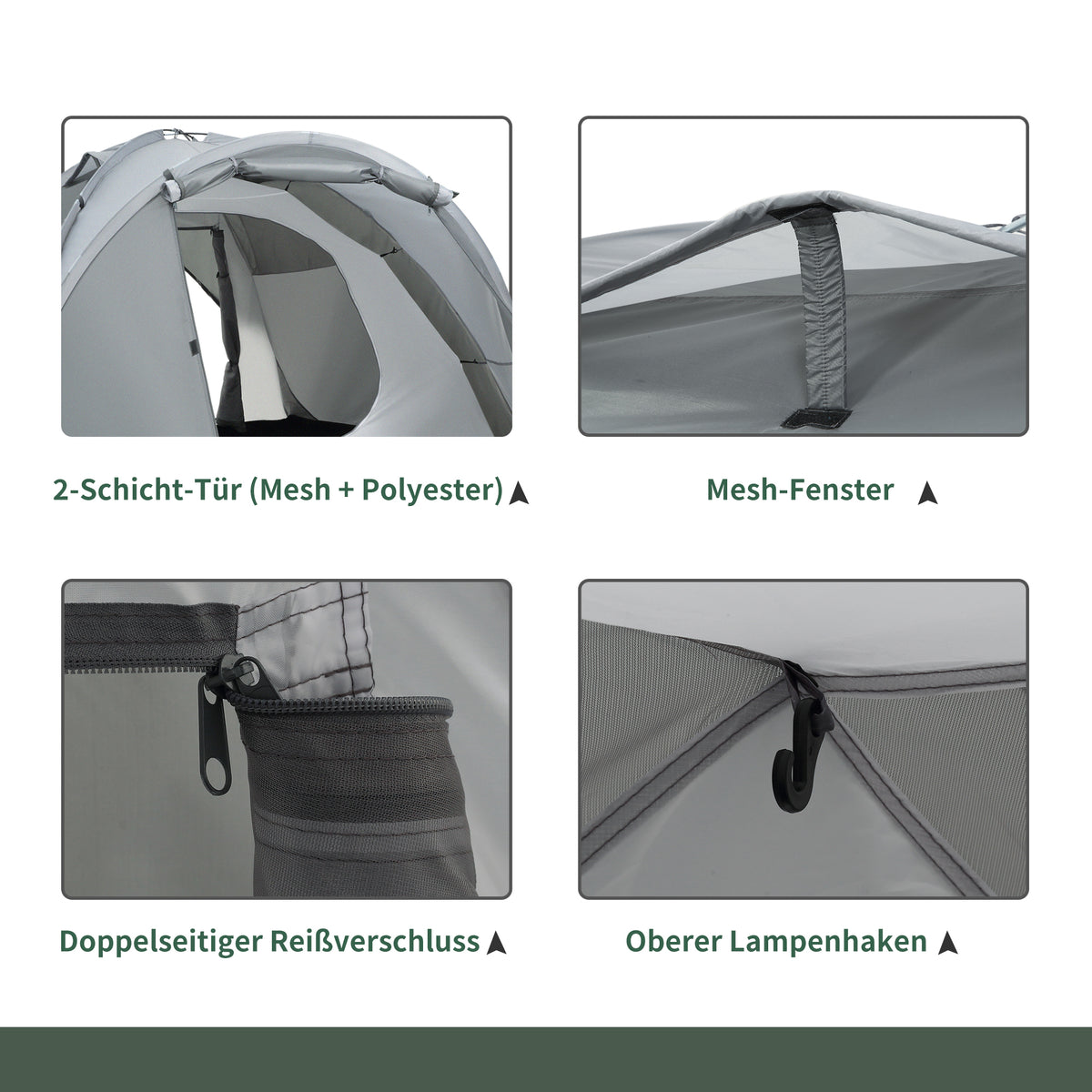 Outsunny Campingzelt für 2-3 Personen Glasfaser Tür mit Reißverschluss Meshfenster inkl. Transporttasche Kuppelzelt 190T Kunstleder2000mm Glasfaser Grau