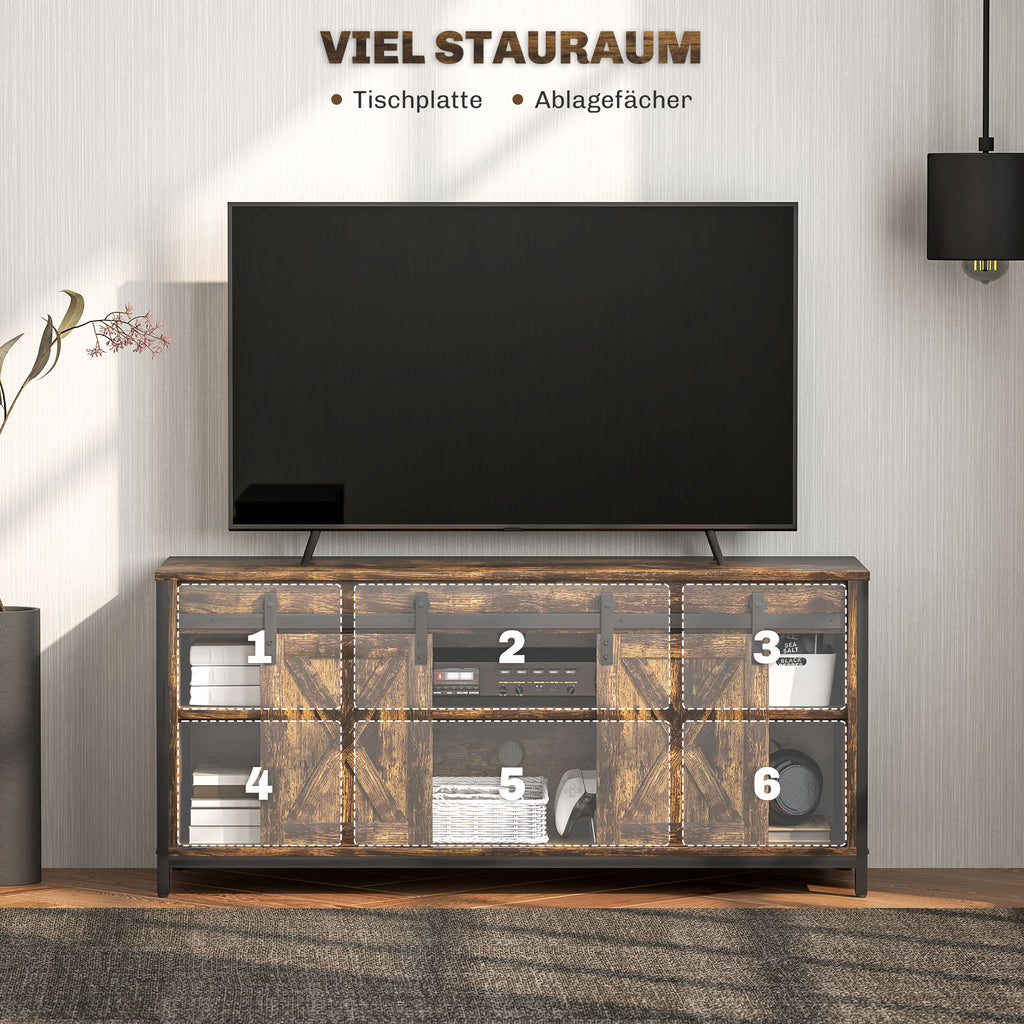 HOMCOM TV Lowboard, Industrial Design, für 60'' TVs, 6 Fächer, 2 Schiebetüren, Braun/Schwarz
