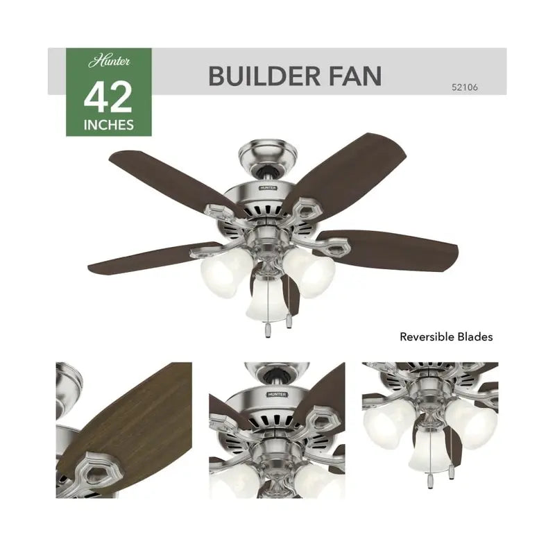 Hunter Builder Ceiling Fan 42 Brushed Nickel Brazilian Cherry