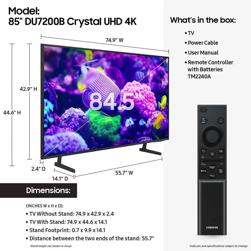 Samsung 85″ Crystal UHD 4K Smart TV DU7200B – 2024 Model with PurColor, HDR & Tizen OS