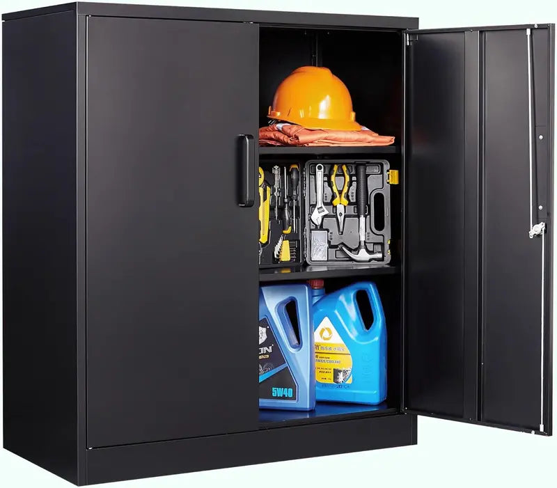 Heavy-Duty Lockable Metal Storage Cabinet – 71-Inch Black Steel Unit with Six Shelves for Garage, Office, or Workshop Use