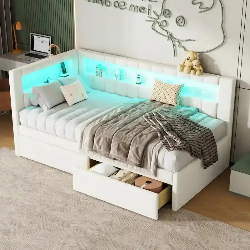 Modern Upholstered Platform Bed Frame – Full or Twin Size with Built-in USB Ports, LED Lighting, and Dual Storage Drawers