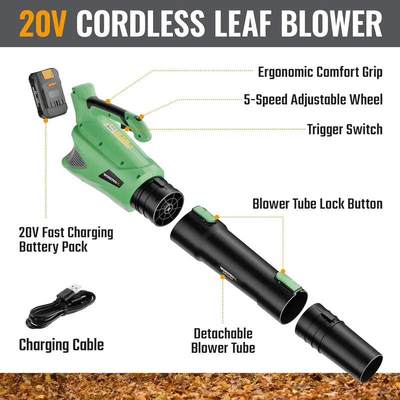 WORKPROX 20V Variable-Speed Cordless Leaf Blower – Includes 4.0Ah Battery and Fast-Charging USB-C Cable