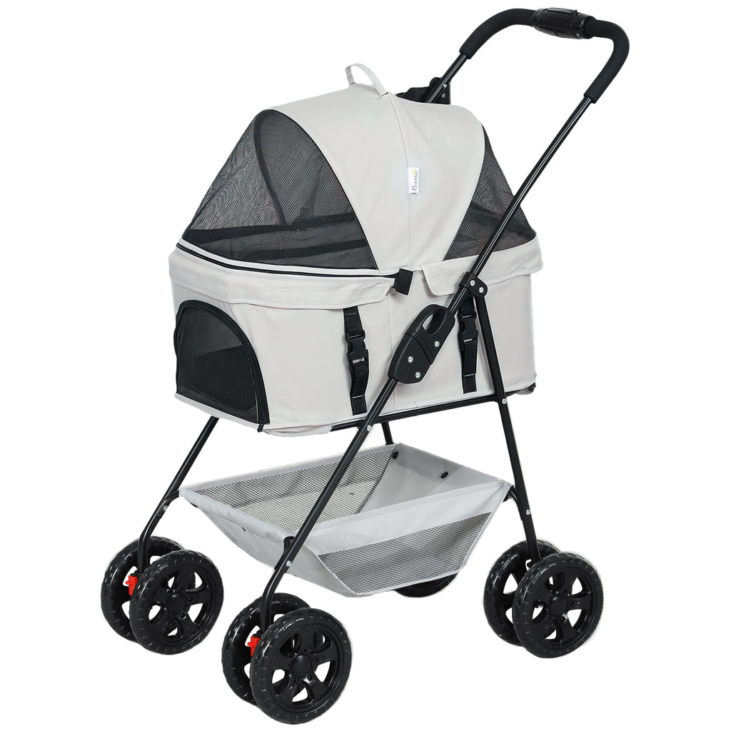 PawHut 3-in-1-Haustierkinderwagen, zusammenklappbarer Hundewagen mit 4 Rädern und abnehmbarer Trage für Hunde und Katzen, Grau