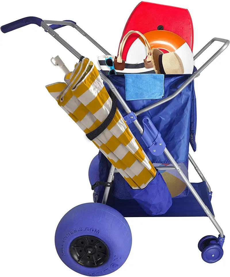 RollX Foldable Beach Cart – 12″ Balloon Tires, Mesh Storage Pockets & Umbrella Holder (Blue)