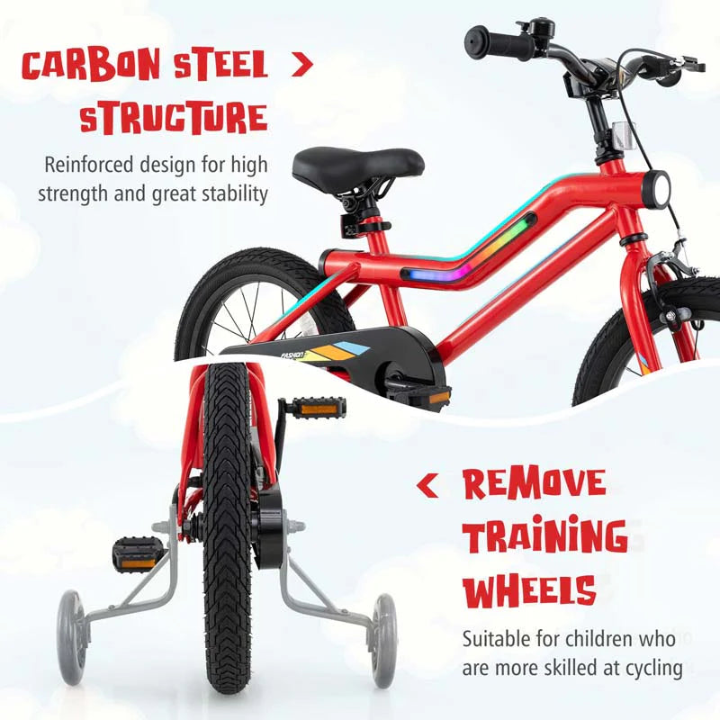 16/18 Inch LED Lighted Kids Bike with Training Wheels, Headlight, Adjustable Seat & Dual Brakes, Children Bicycle for Ages 4-8 Years