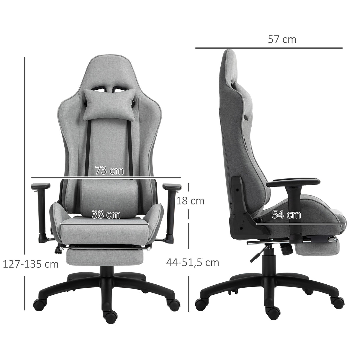 Vinsetto Bürostuhl Computerstuhl Drehstuhl mit abnehmbarem Kopf- und Lendenkissen Wippenfunktion ergonomischer Schreibtischstuhl drehbar höhenverstellbar mit Fußstütze PP Grau 73x57x127-135 cm