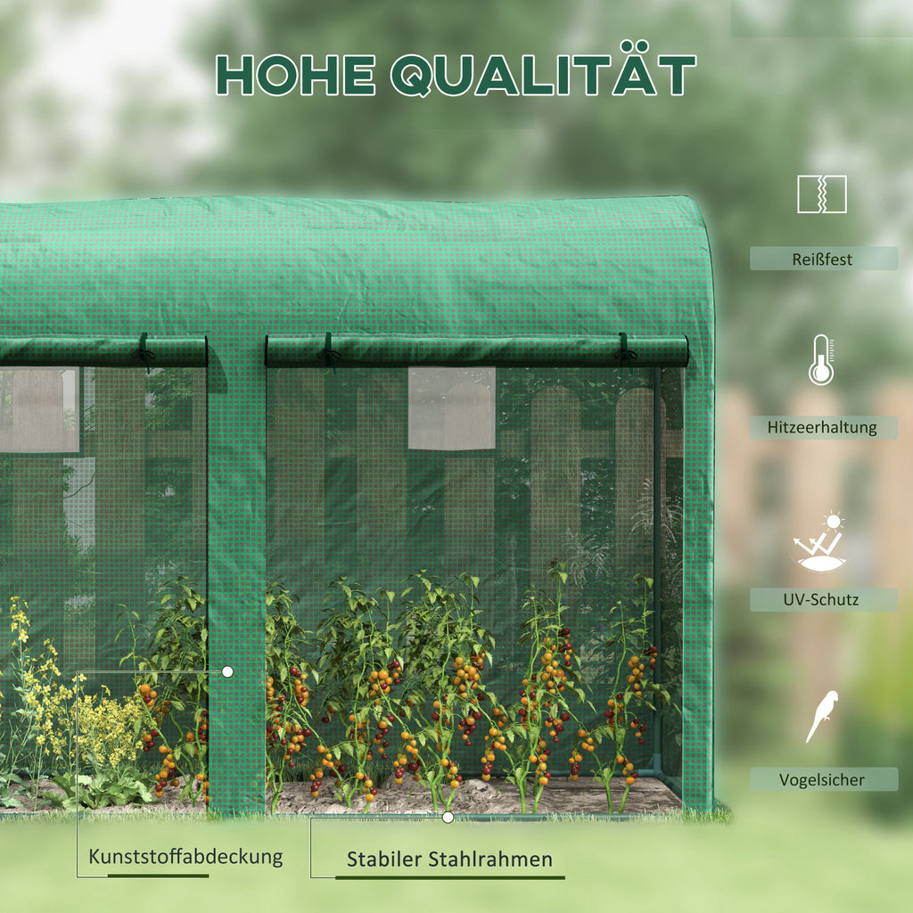 Outsunny Gewächshaus mit Fernster, Tür, Foliengewächshaus aus Stahl, Treibhaus mit PE-Gitterfolie für Balkon, Garten, Tomatenhaus 300x100x200cm, Tomatengewächshaus für Gemüse, Blumen, Pflanzen, Grün