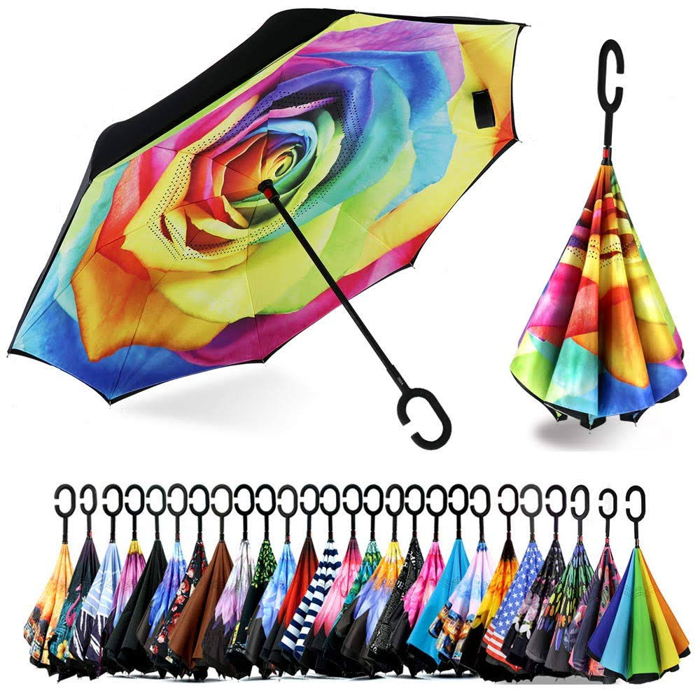 SIEPASA 40/49/56/62 inch Inverted Reverse Upside Down Umbrella, Extra Large Double Canopy Vented Windproof Waterproof Stick Umbrellas with C-Shape