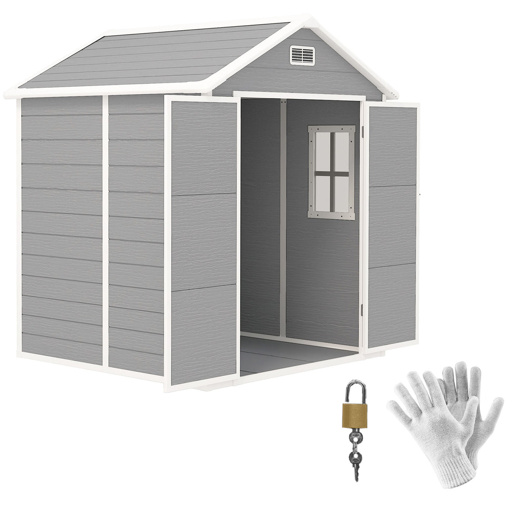 Outsunny Gartenschuppen, Geräteschuppen mit Boden, verschließbare Türen, Lüftungsöffnungen, Fenster, Holzoptik, Kunststoff, Grau