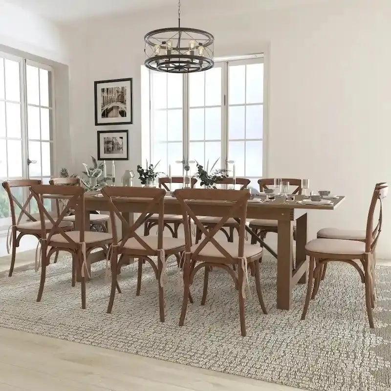 Rustic Farmhouse Folding Dining Set – 8-Foot Table with 10 Cross-Back Chairs and Seat Cushions