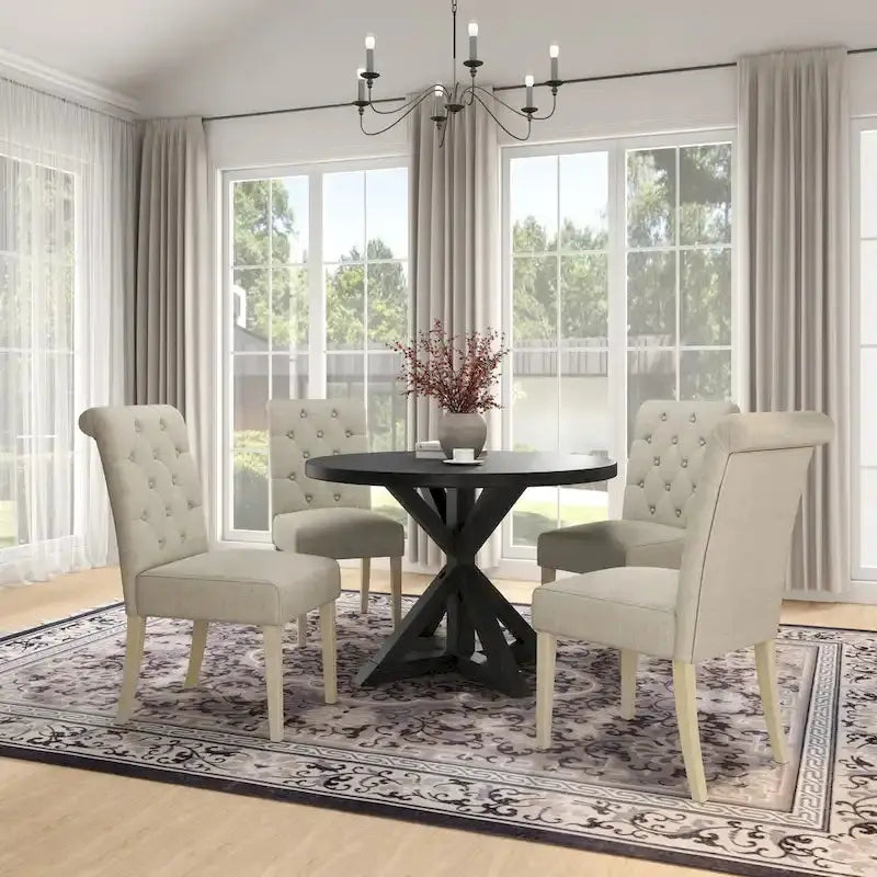 Rustic Wooden 5-Piece Dining Set – Round Cross-Buck Pedestal Table with 4 Tufted Upholstered Chairs