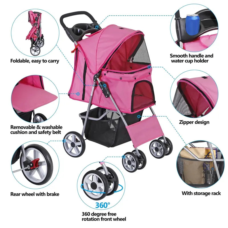 ZENY 4 Wheel Foldable Dog Pet Stroller – Pink