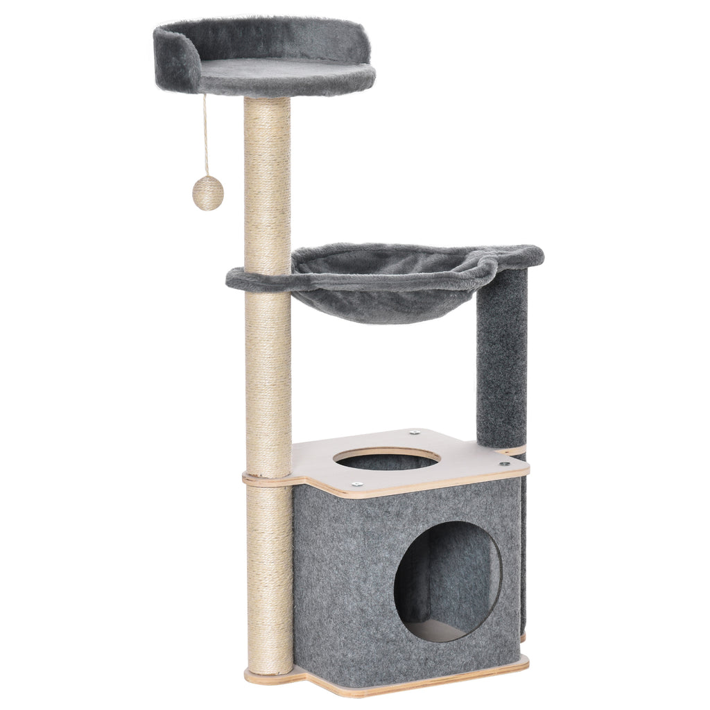 PawHut Kratzbaum für Katzen Hoch 95cm, Katzenbaum mit Mehreren Ebenen, Höhle, Hängematte, Spielball, Haus und Sisalseilen, 48x34x95cm, Grau