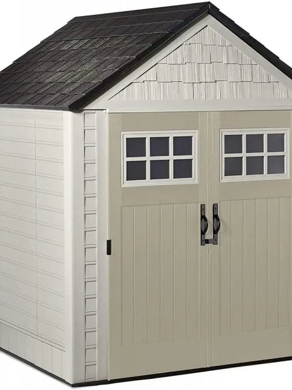 Rubbermaid 7 ft x 7 ft Outdoor Storage Shed – Weather-Resistant Resin Garden Shed with Windows and Utility Hooks (Sand)