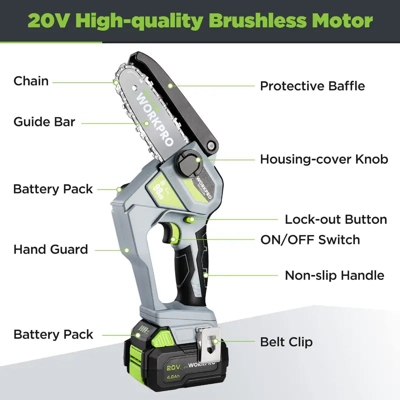 WORKPRO 20V Brushless Cordless Compact Chainsaw – Includes 4.0Ah Battery & Replacement Chain