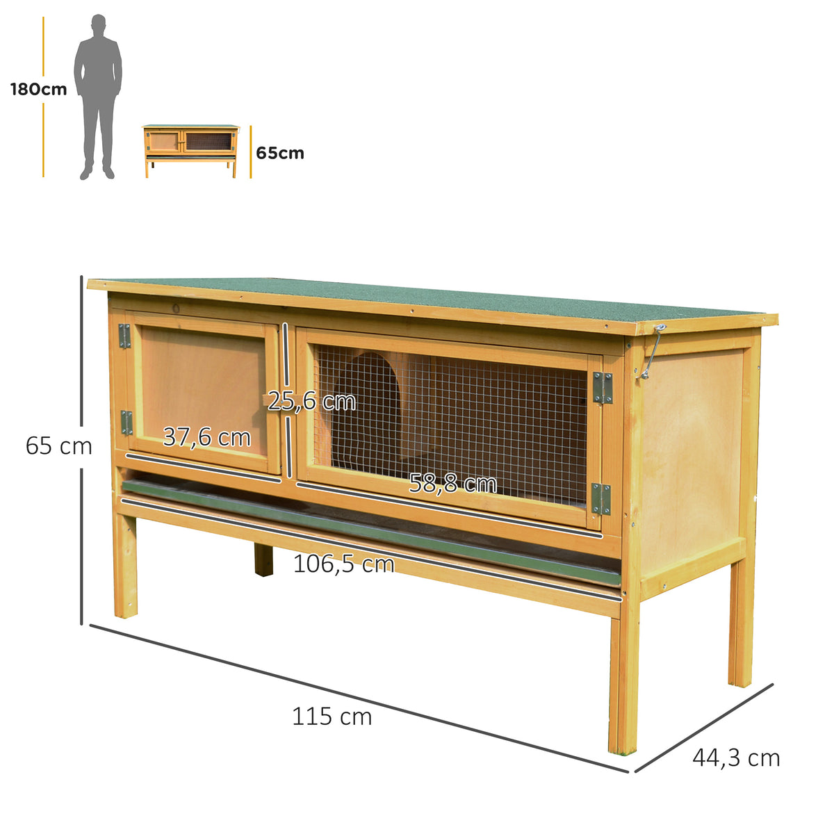 PawHut Kaninchenkäfig Kaninchenstall Außen 2 Türen herausnehmbare Schublade erhöhte Füße aus Massivholz 115 x 44,3 x 65 cm Hellgelb