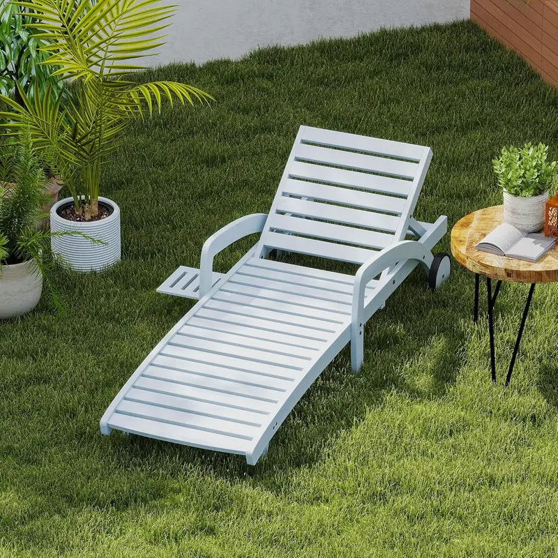 Set of 4 Wooden Poolside Chaise Lounges – 5-Position Adjustable Recliners with Pull-Out Side Tables, Patio or Deck Ready