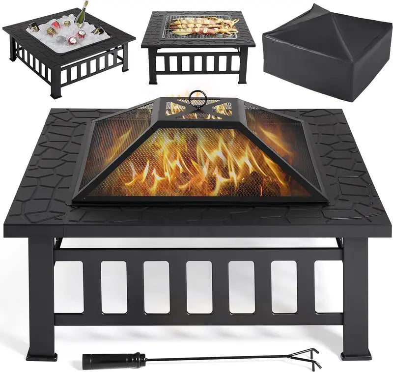 Yaheetech 32-Inch Square Fire Pit Table – Multifunctional Outdoor Heating Unit for Patios, Gardens, Camping & Picnics