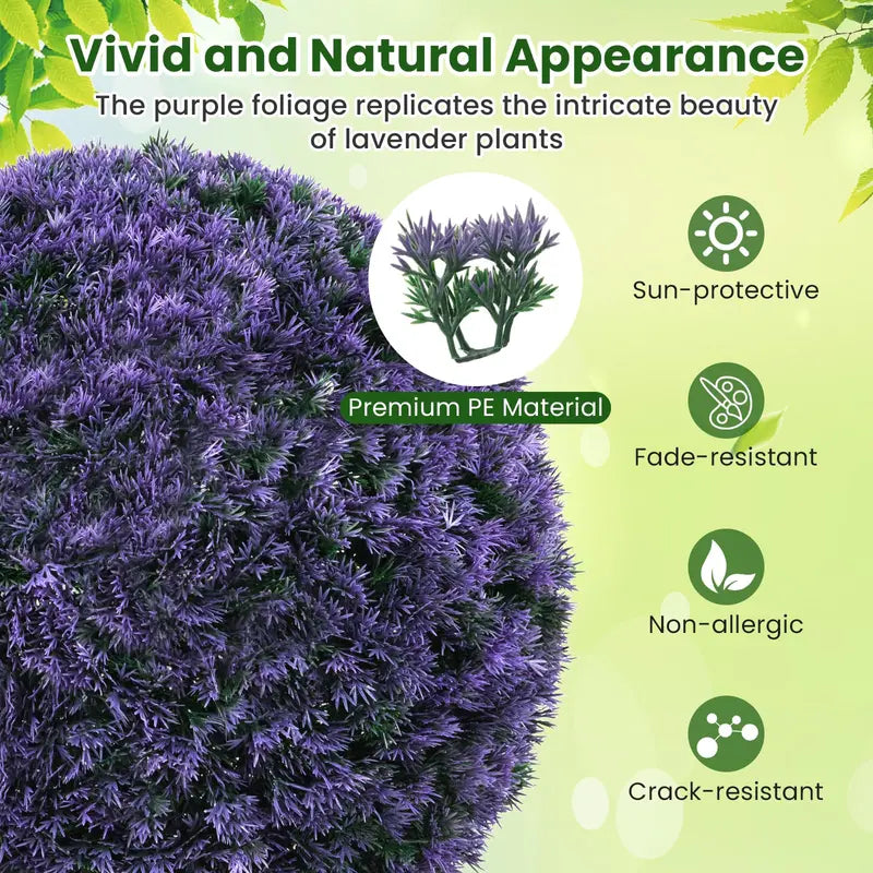 Pair of 15-Inch Artificial Lavender Topiary Balls – Lifelike Round Faux Plants for Indoor or Outdoor Display