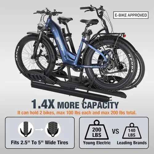 Young Electric 2-Bike Rack Mate R with Ramp for 2″ Receiver, 200 Lbs Capacity, Fits E-Bikes & Fat Tires