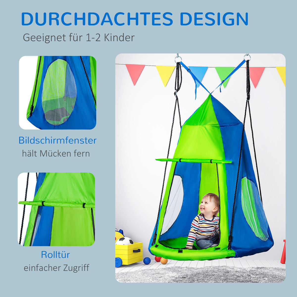 Outsunny Nestschaukel mit Zelt Ø100 cm Gartenschaukel mit Tür und Fenster Tellerschaukel Kinderschaukel Kinder Rundschaukel bis 200 kg belastbar Metall Grün+Blau