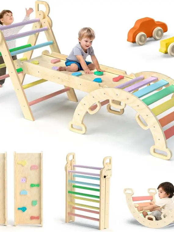 Rainbow Pikler Triangle 7-in-1 Foldable Baby Climbing Set – Wooden Montessori Toys with Arch, Ramp & Ladder for Toddlers Indoor Gym