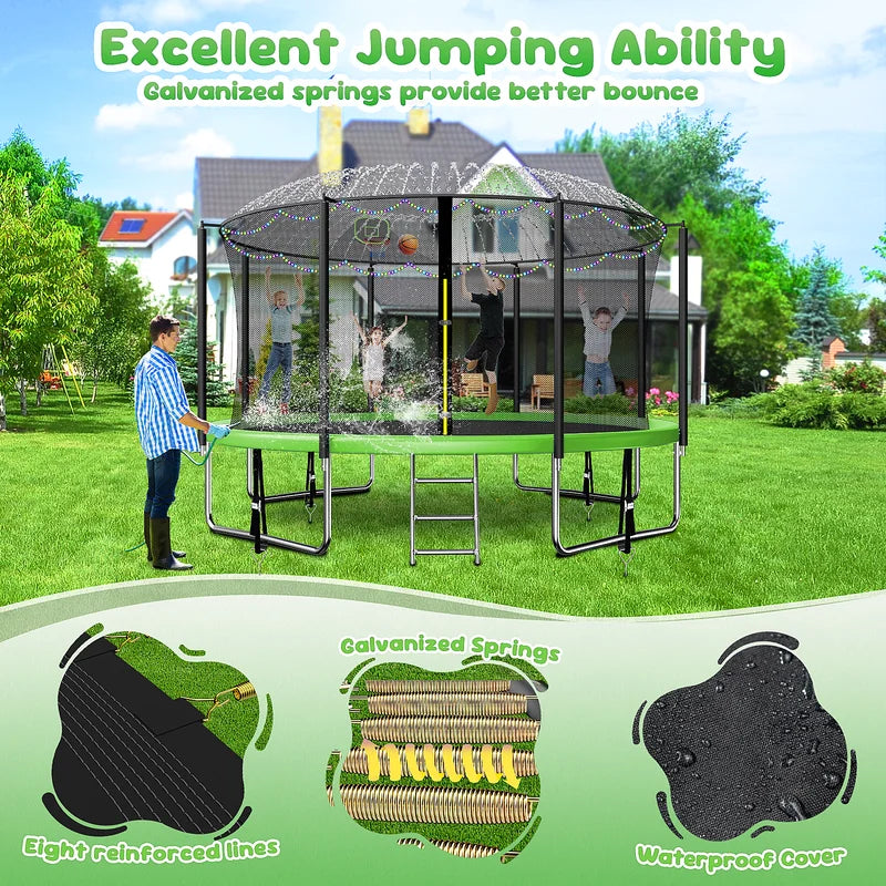 16FT Trampoline for 8 - 9 Kids Adults with Basketball Hoop, Enclosure, Light, Sprinkler, Socks, 2000 lb Outdoor Round Heavy Duty Recreational Backyard Trampoline