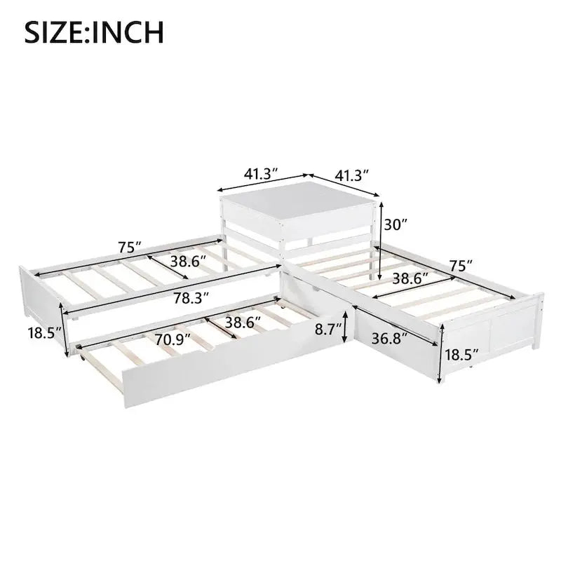 Modern Twin L-Shaped Platform Bed – Includes Trundle, Drawers & Space-Saving Design