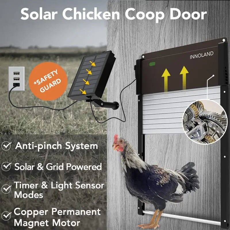 INNOLAND Automatic Chicken Coop Door Solar Powered, Aluminum Frame with Light-Weight AES Roller Shutter, Light Sensor, Daily Programmable Timer, Remote Control