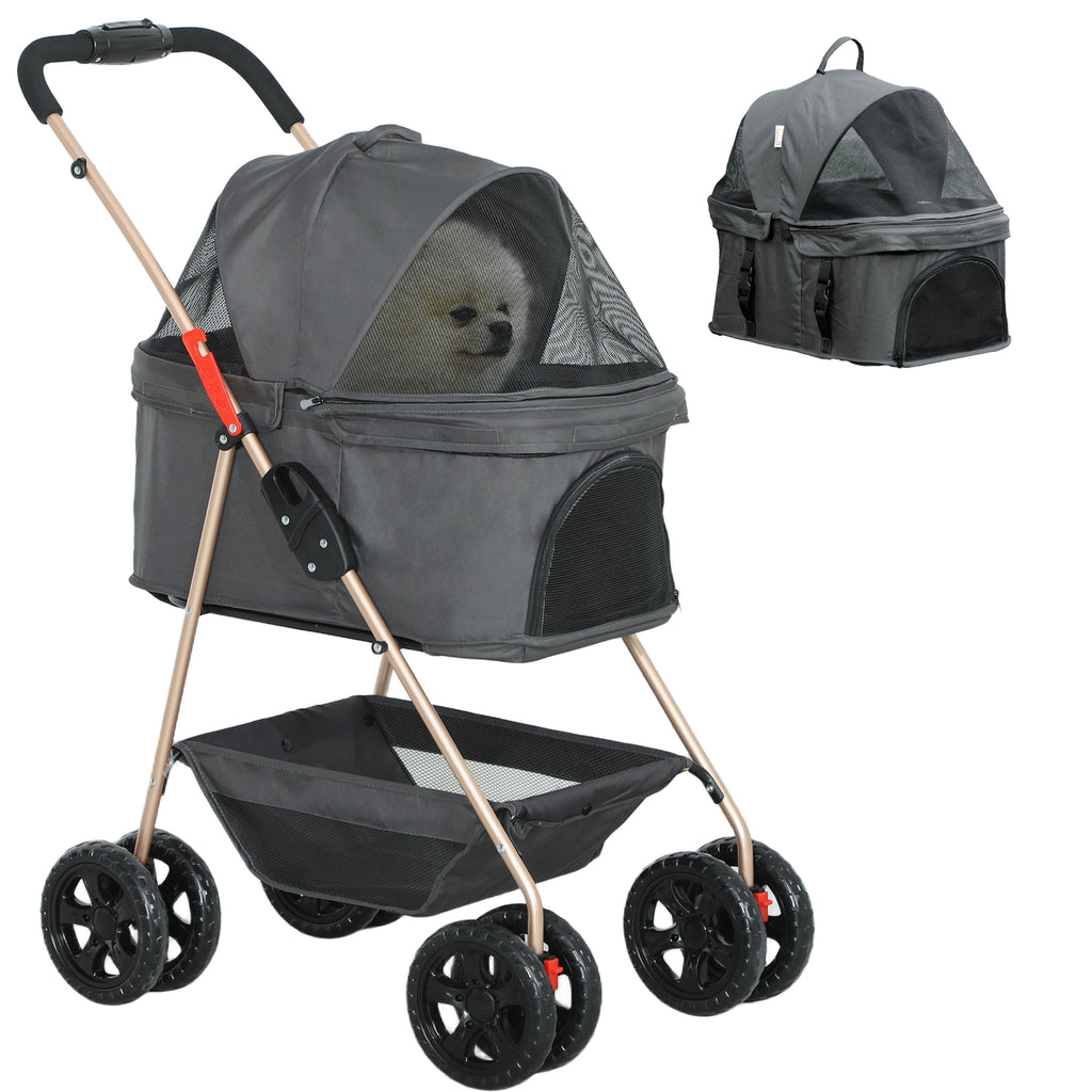 PawHut 3-in-1-Haustierkinderwagen, zusammenklappbarer Hundewagen mit 4 Rädern und abnehmbarer Trage für Hunde und Katzen, Grau