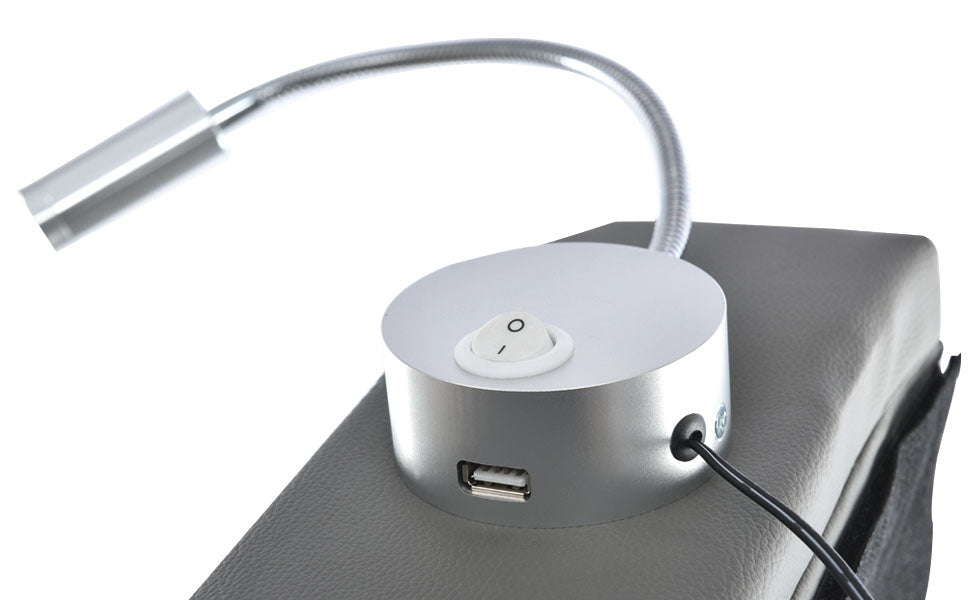Bettgestell 140x200 – Doppelbett mit Stauraum, LED-Lampe und USB-Anschluss fürs Wohnzimmer, robust, gepolstertes Kopfteil, grau