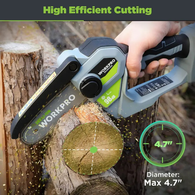 WORKPRO 20V Brushless Cordless Compact Chainsaw – Includes 4.0Ah Battery & Replacement Chain
