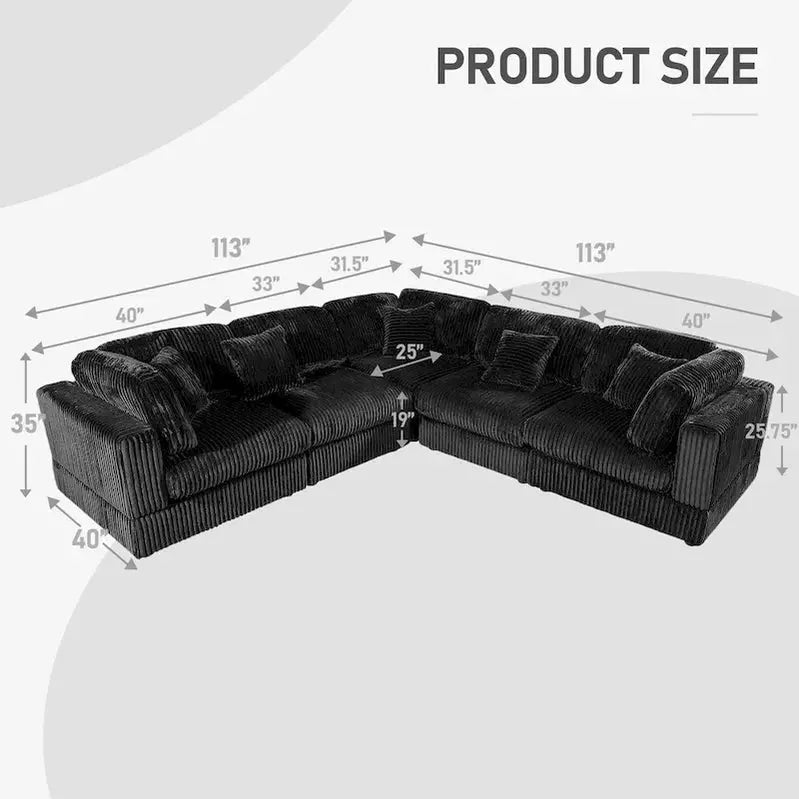 Modular L-Shaped Corduroy Sectional Sofa – 6-Piece DIY Configurable Upholstered Set