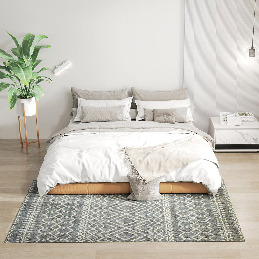 HOMCOM Teppich für drinnen und draußen, Boho-Design, leicht zu reinigen, Grau