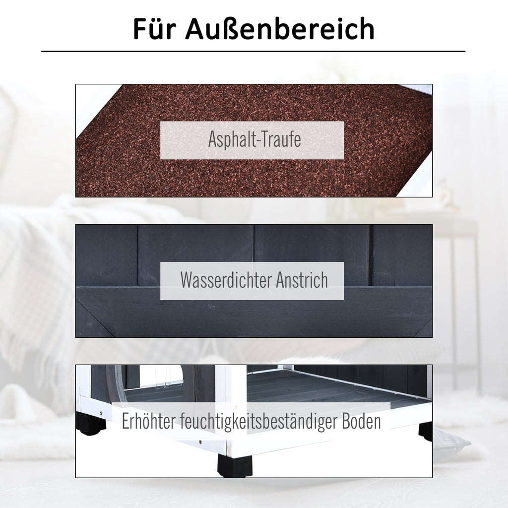 PawHut Katzenhaus für Katzenbett oder Katzentoilette, Katzenschrank, Katzenklo Indoor, Tannenholz, Asphaltdach, Grau, 59 x 55 x 109 cm