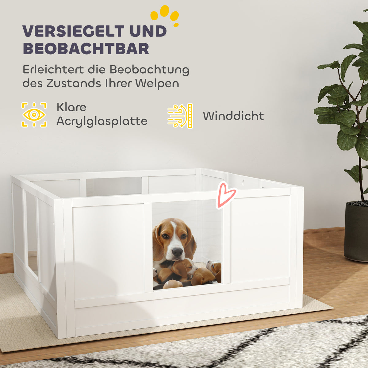 PawHut Welpenbox für kleine und mittelgroße Hunde, Hunde-Wurfbox mit anpassbarem Eingang, rutschfesten Fußpads, Weiß