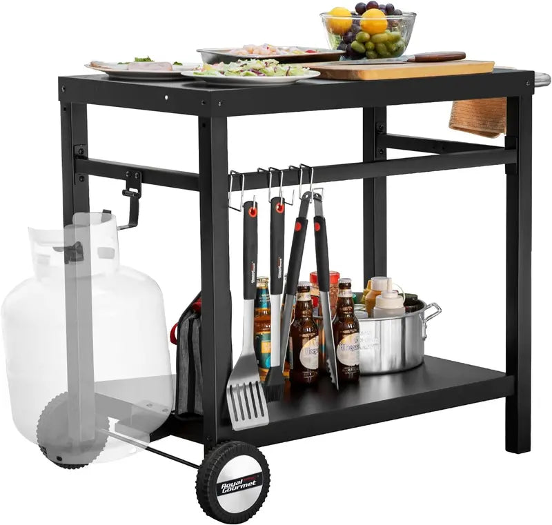 Royal Gourmet Stainless Steel Mobile Dining Cart with Double Shelves, Hooks & Side Handle – Multifunctional Grill Stand (PC3401B, Black)